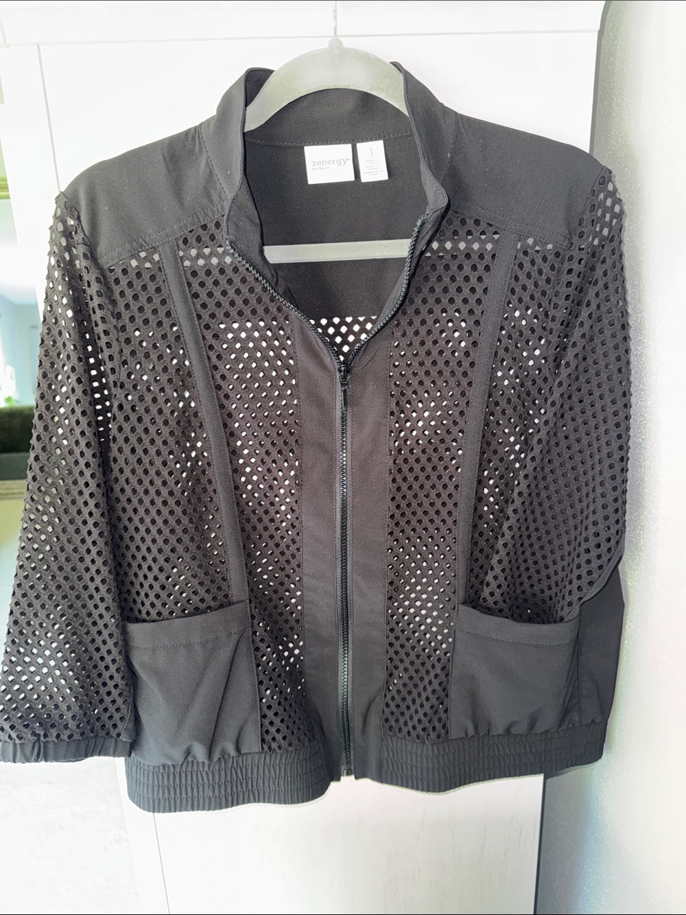 Zenergy by Chico’s Black Mesh Bomber Jacket